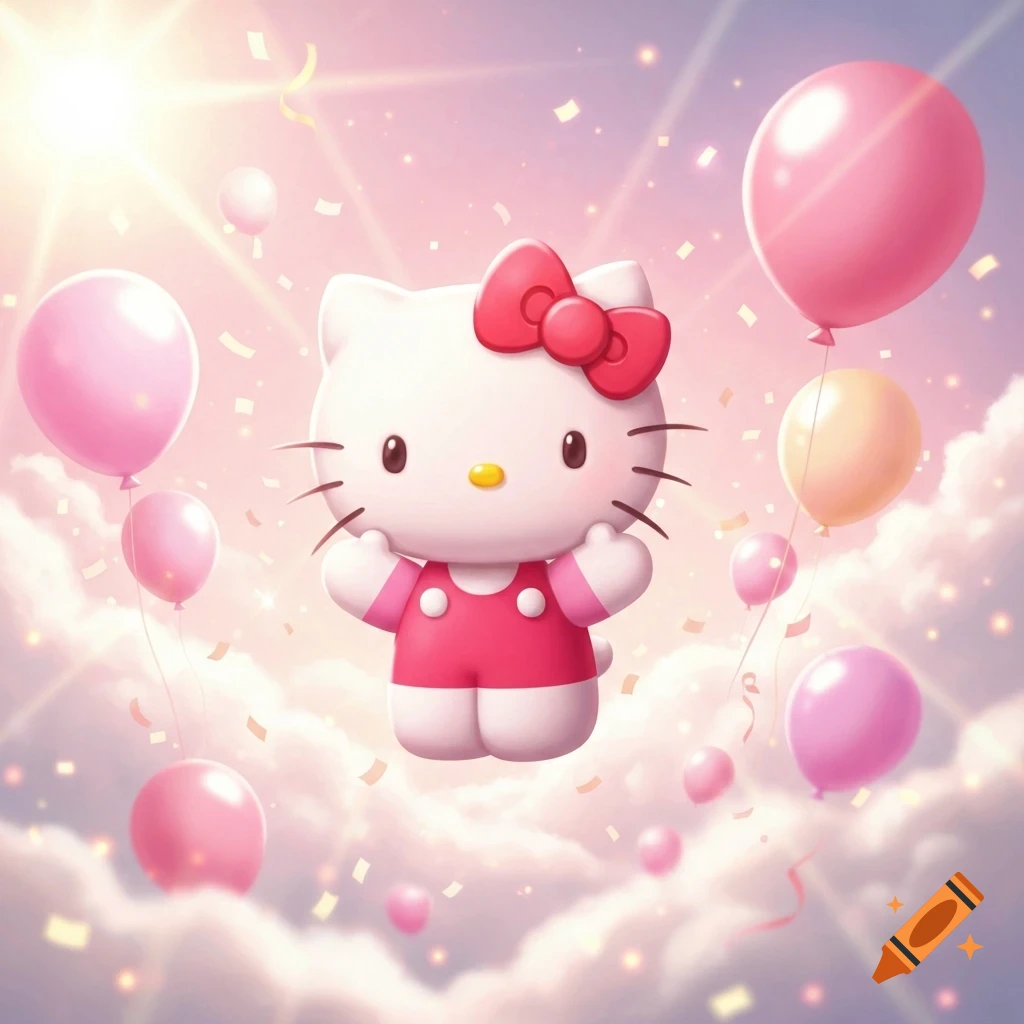 A stylized Hello Kitty character in a pink dress floats among pink and yellow balloons and confetti against a pastel sky.