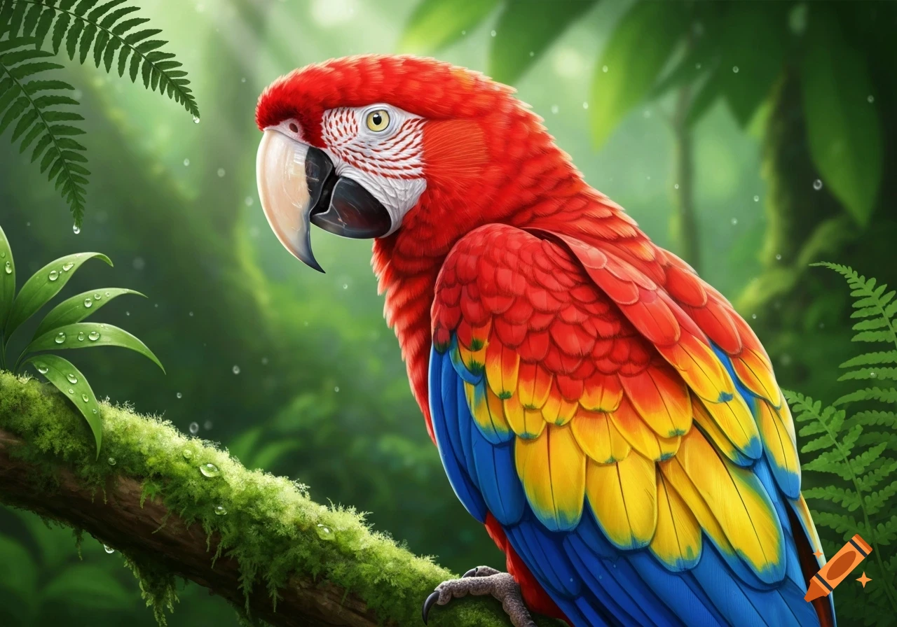 A vibrant red, yellow, and blue macaw parrot perches on a mossy branch in a lush green jungle.