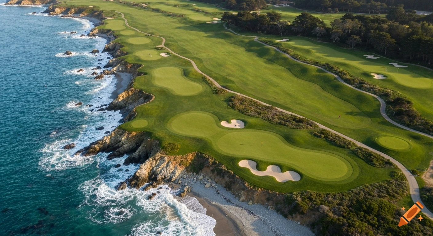 Aerial view of a lush green golf course along a rocky coastline with ocean waves crashing onto a sandy beach.