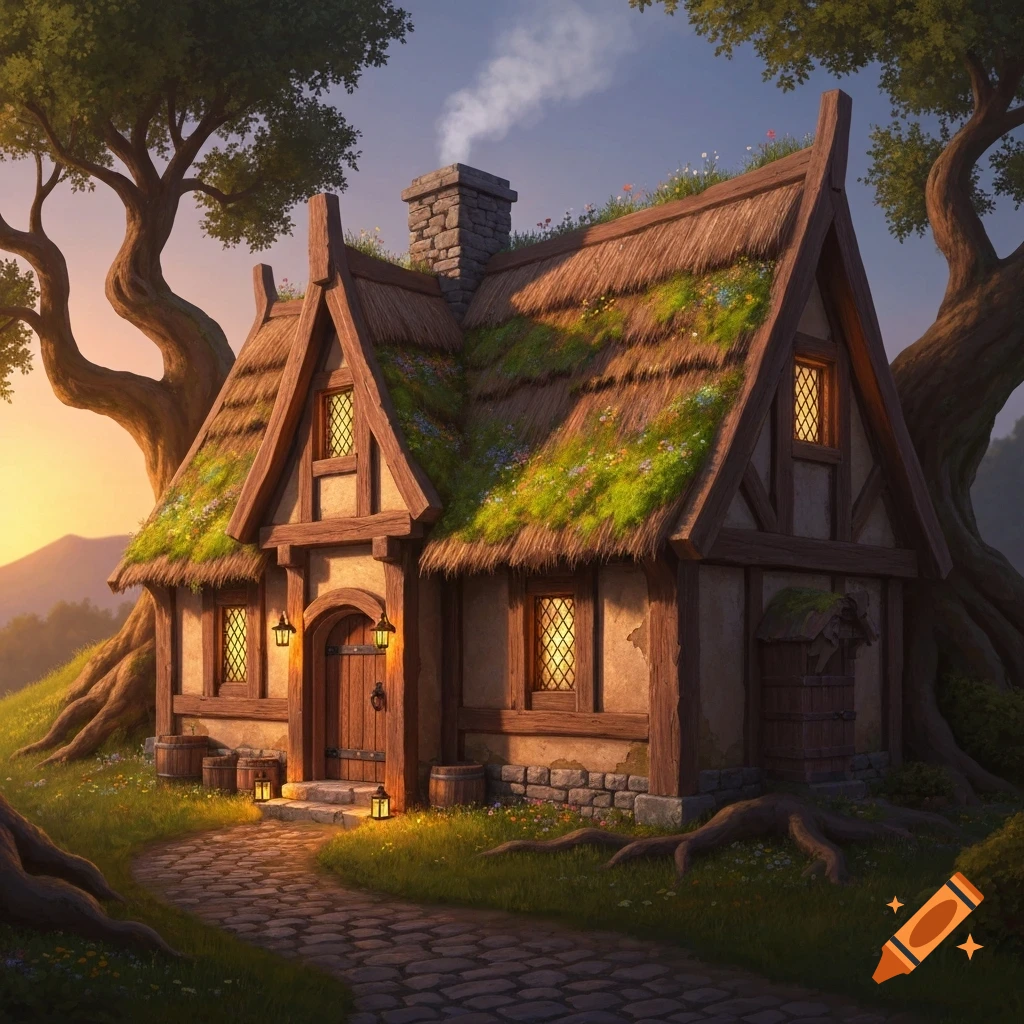A charming medieval fantasy cottage with a thatched, mossy roof and glowing windows, nestled among large trees at sunset.