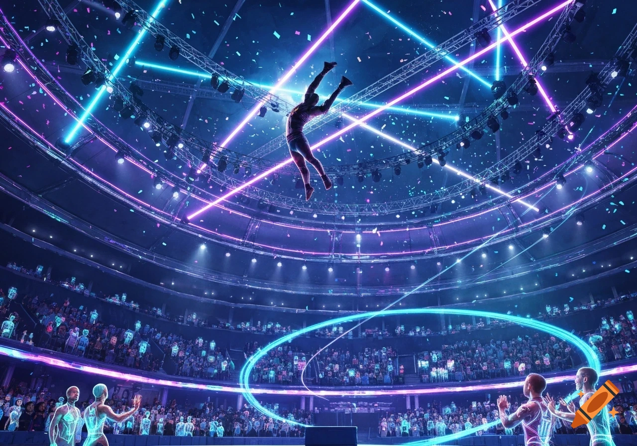A dynamic shot of an acrobatic performer suspended mid-air in a futuristic arena, surrounded by neon blue and purple lights, lasers, and falling confetti. A large crowd watches from below.