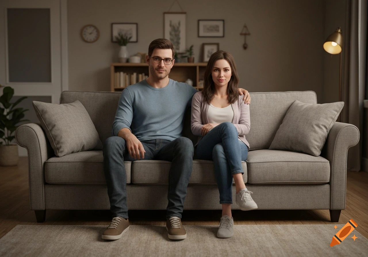 A photorealistic portrait of a man and a woman sitting side-by-side on a sofa in a cozy living room.