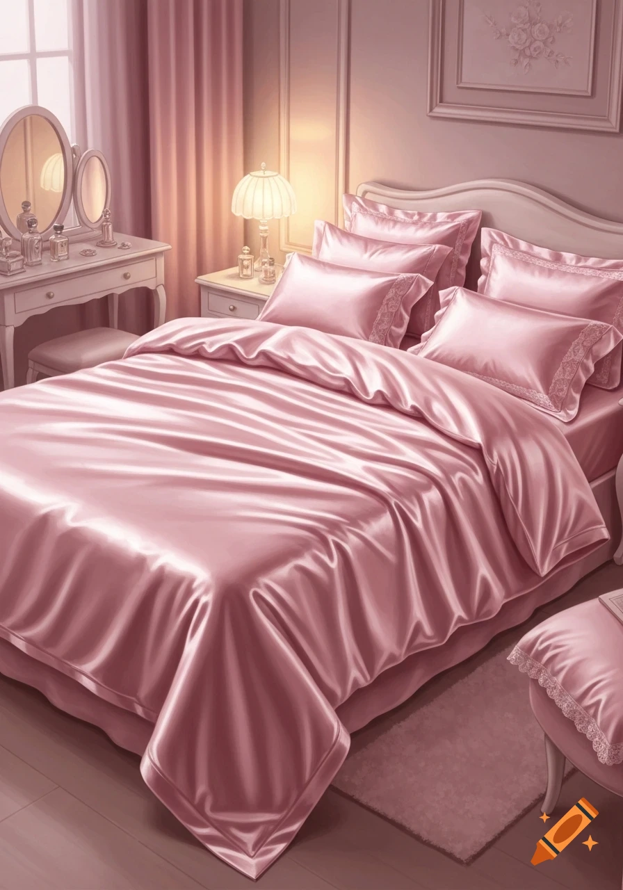 A pink bedroom featuring a bed with shiny pink satin bedding, a lamp on a nightstand, and a vanity dresser with mirrors, in an anime style.