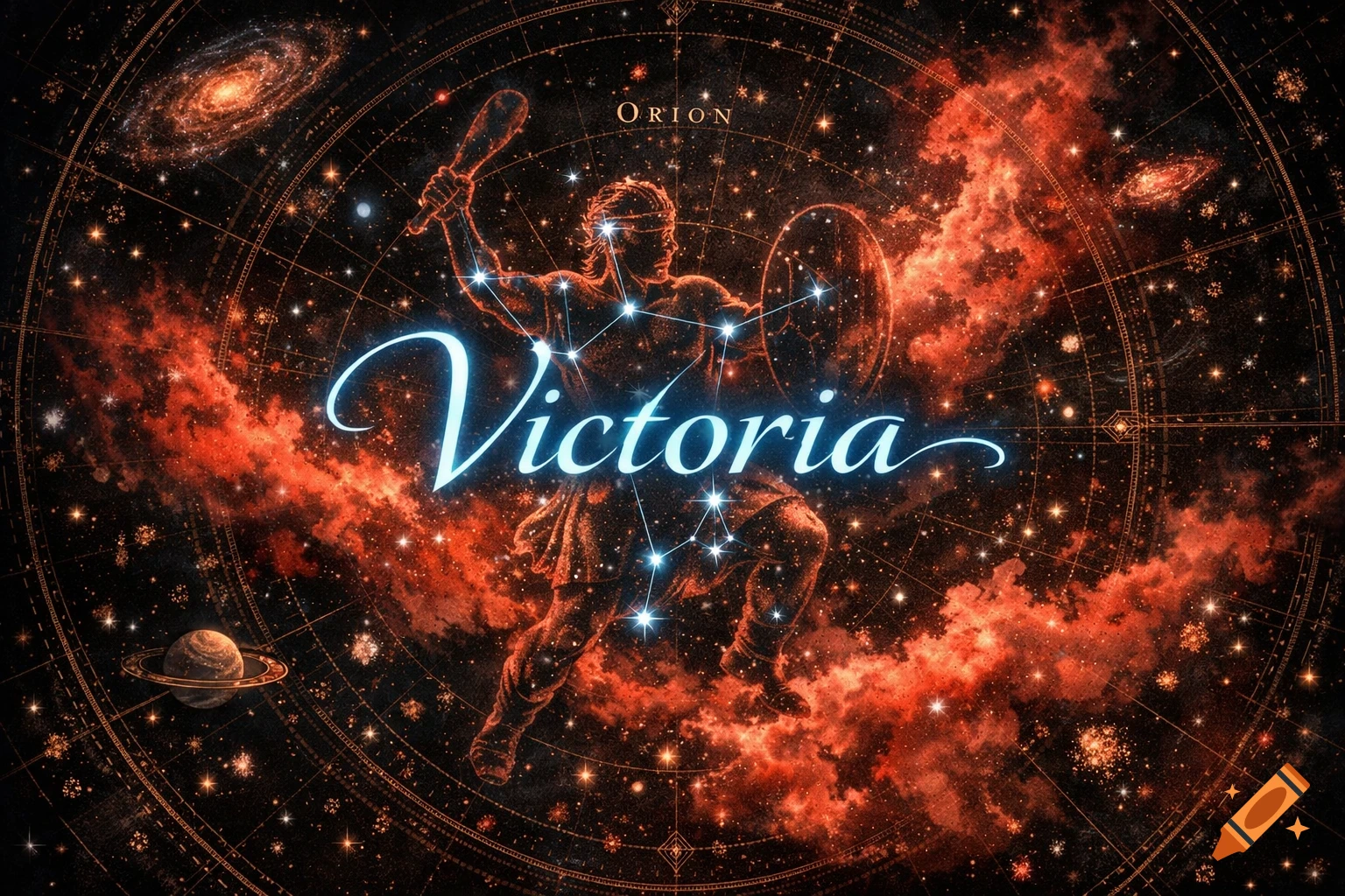 Stylized astronomy chart featuring the Orion constellation warrior figure, red nebulae, galaxies, planets, and the name 'Victoria' in blue script.