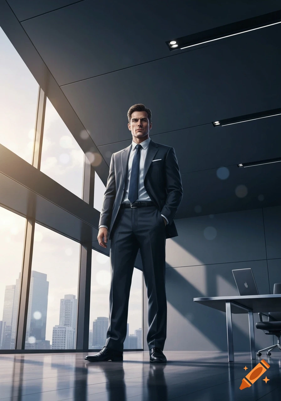 A man in a suit stands confidently in a modern office with large windows overlooking a city skyline at sunset.