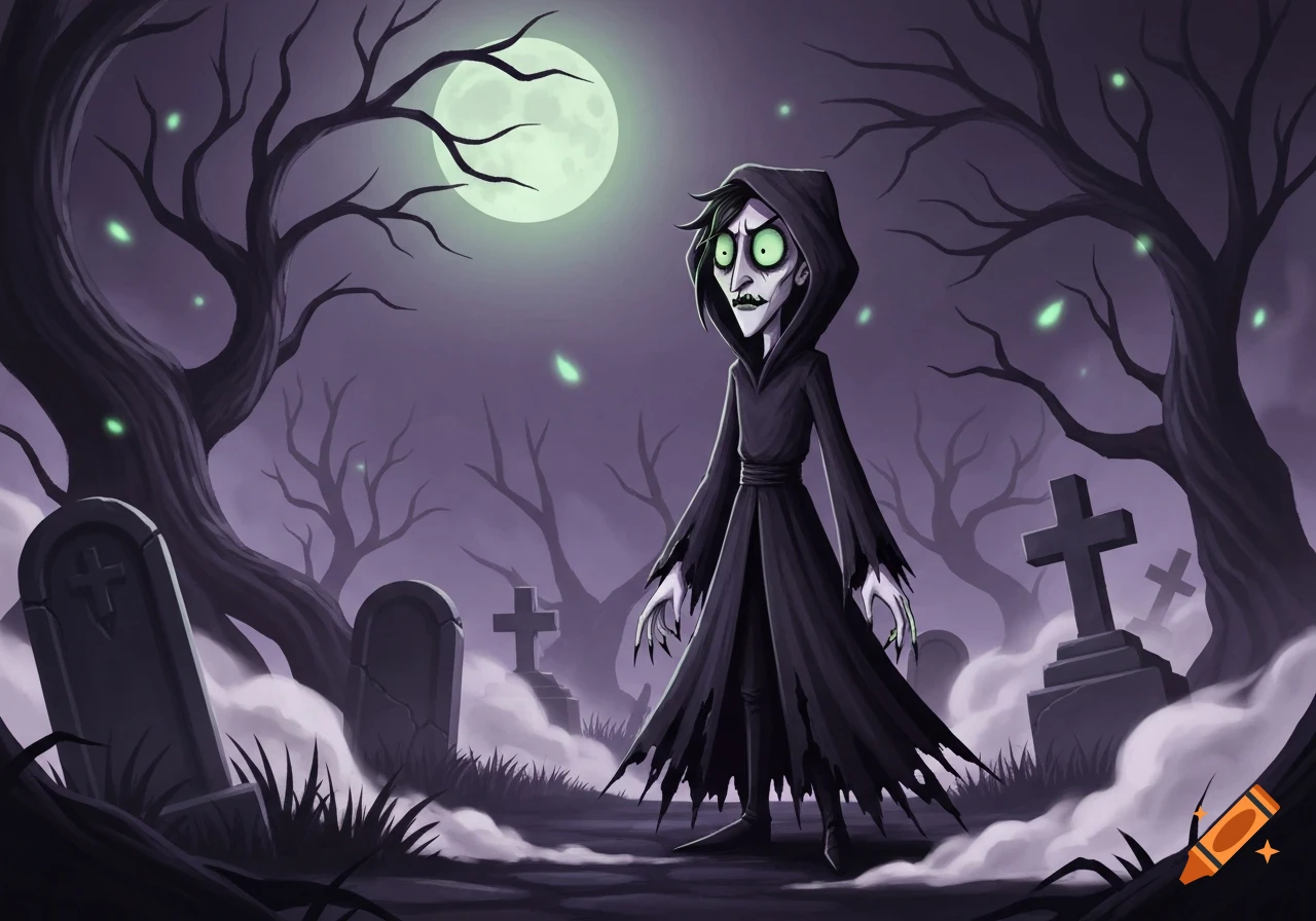 A spooky gothic cartoon character in a graveyard under a full moon, with bare trees and glowing leaves.
