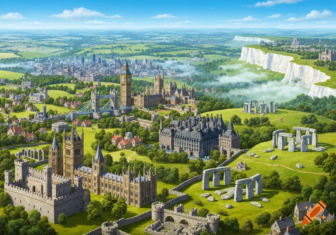 An aerial view of a sprawling English landscape featuring numerous famous landmarks like Big Ben, Tower Bridge, Stonehenge, and castles under a bright blue sky.