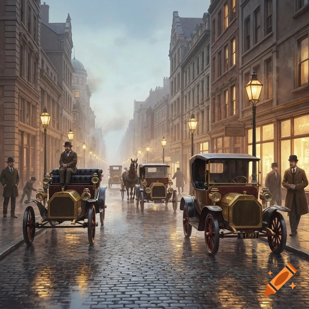 A wet cobblestone street lined with buildings features vintage cars and people in period attire, illuminated by streetlights.