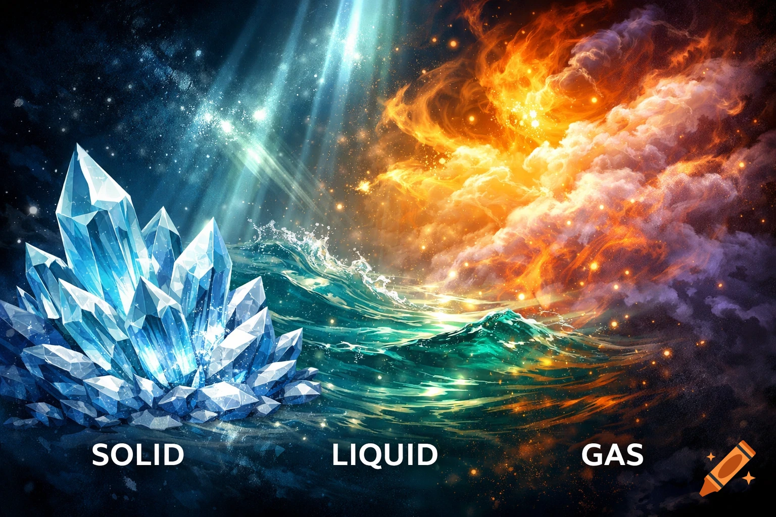 A vibrant visual representing states of matter: blue crystals for solid, green ocean waves for liquid, and fiery orange clouds for gas, all against a dark starry sky.