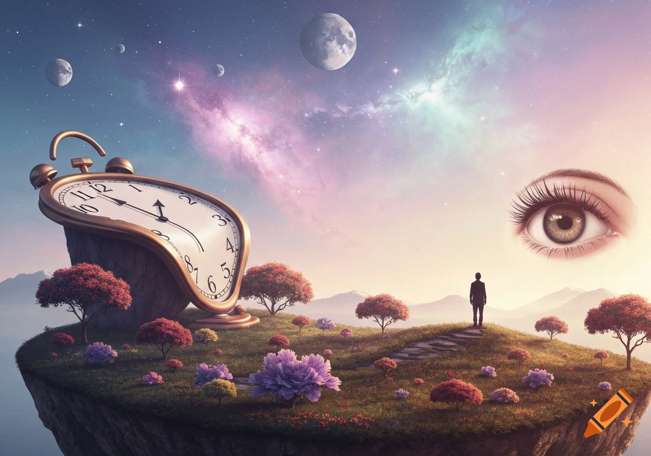 A surreal landscape features a melting clock on a floating island, a lone figure, a giant eye in the sky, and a cosmic nebula.