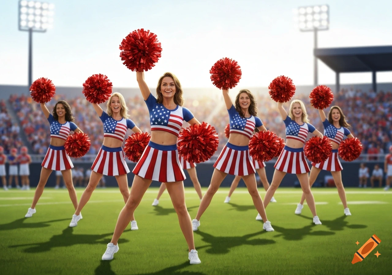 A group of smiling cheerleaders in American flag uniforms with red pom-poms on a green football field during the day.