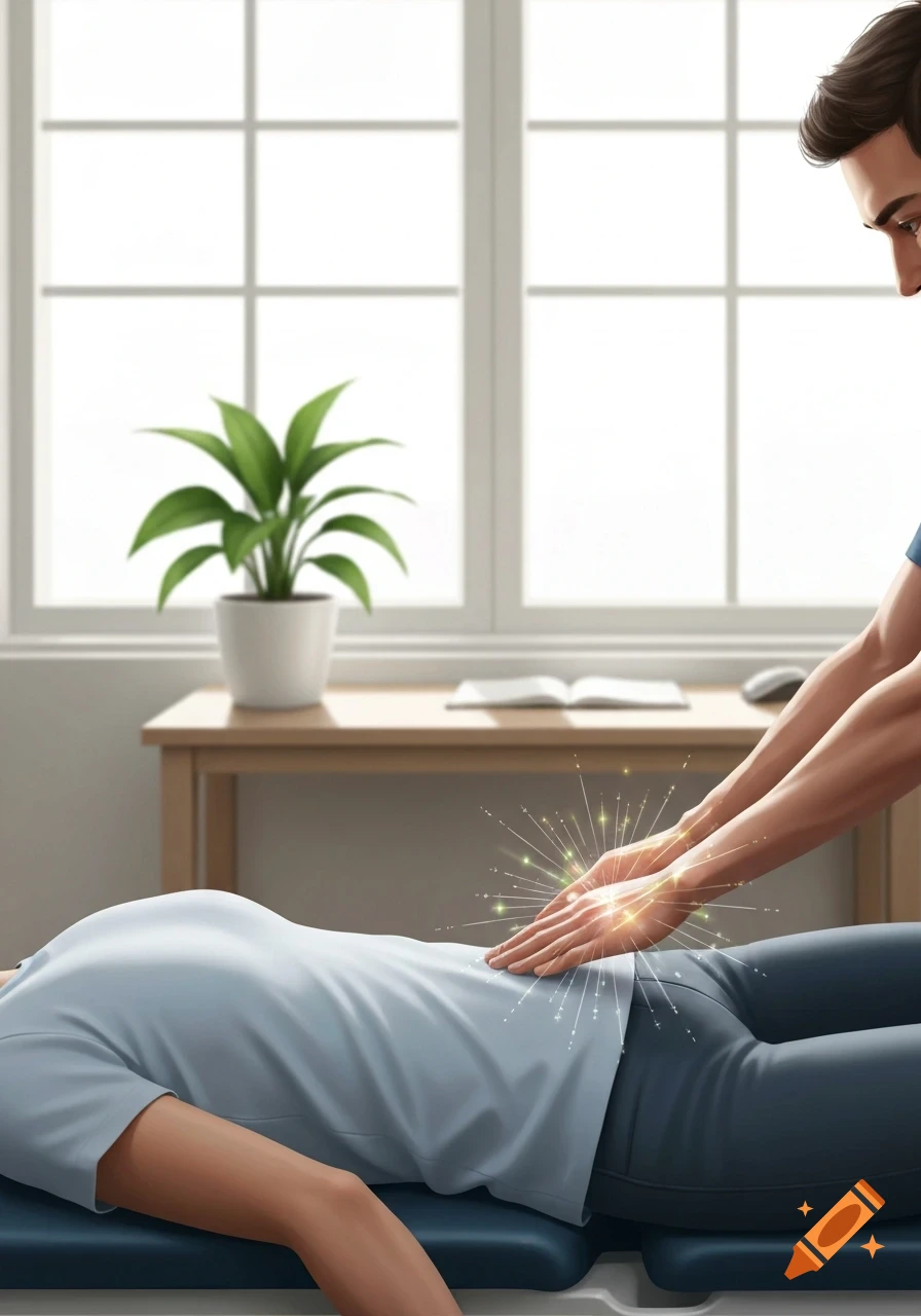 A chiropractor performs a treatment on a patient's lower back, with glowing energy emanating from their hands.