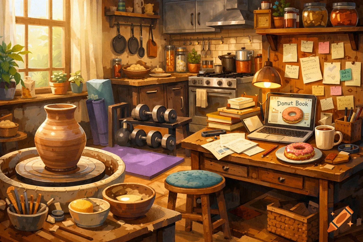 A warm, painterly scene of a cluttered studio kitchen with a pottery wheel, exercise weights, and a laptop displaying 'Donut Book' on a wooden desk with a donut.