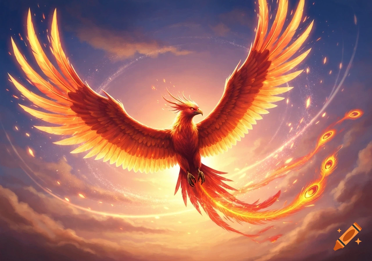 A majestic phoenix with brilliant fiery red and gold feathers spreads its wings, soaring through a colorful sunset sky.