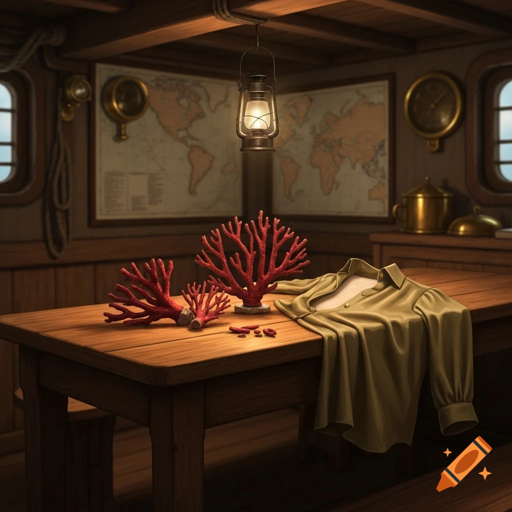 A detailed illustration of a captain's cabin with a wooden table, red coral, a khaki blouse, a lantern, and world maps.