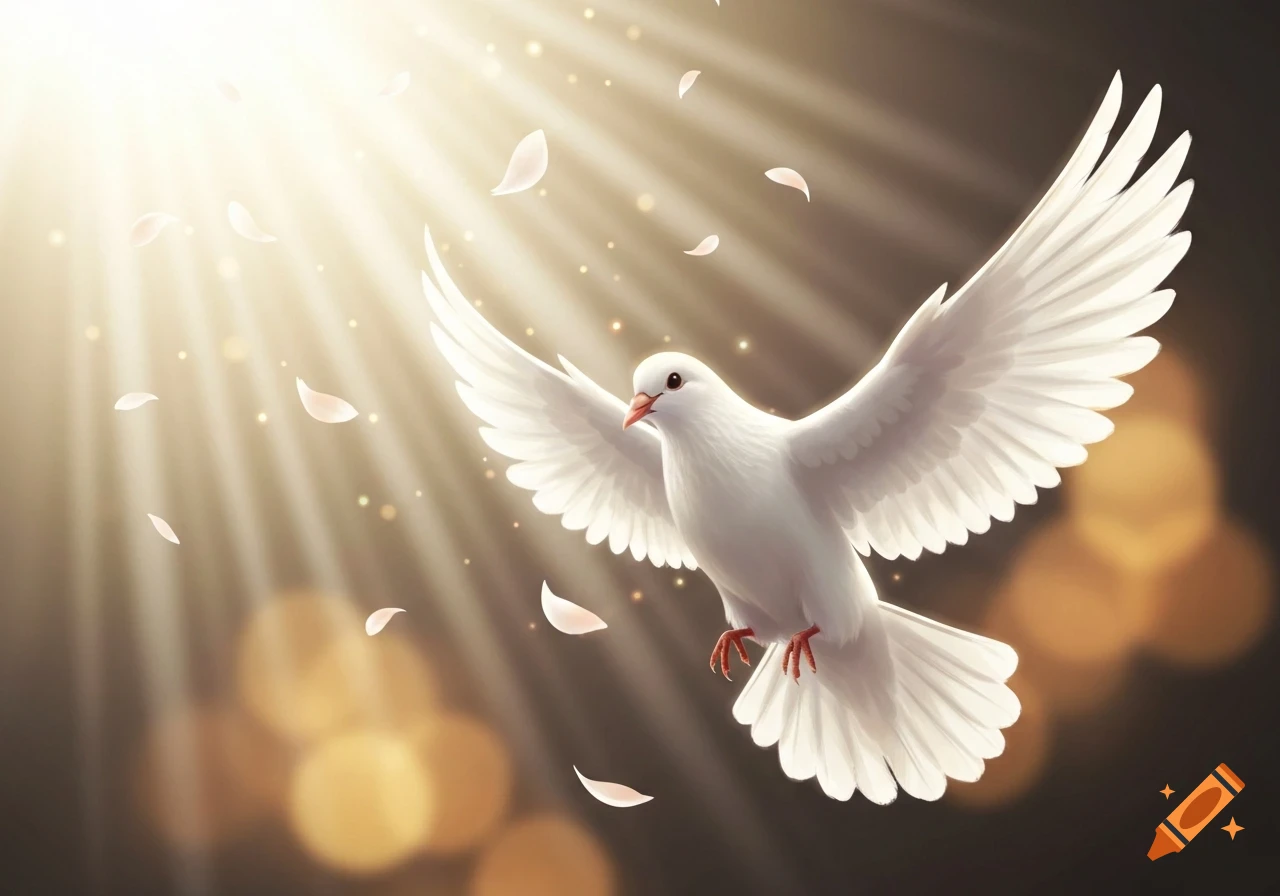 A white dove flies with outstretched wings through golden rays of light, with soft petals and bokeh in the background.