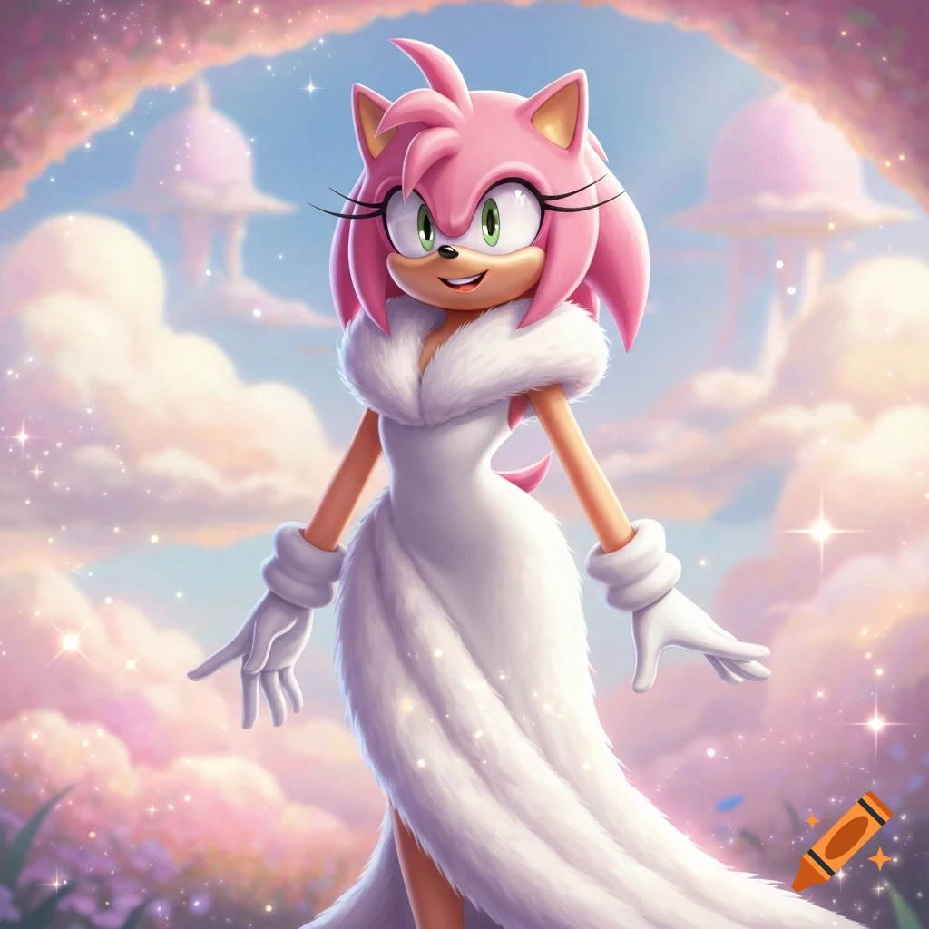 Amy Rose in a fluffy white fur dress poses beautifully under a sparkling pink and blue sky.