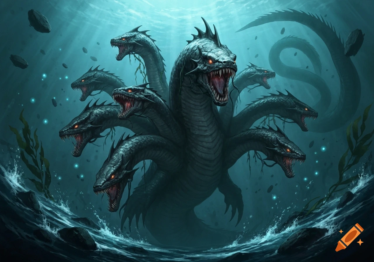A menacing multi-headed leviathan with glowing red eyes, sharp teeth, and scales emerges from murky blue-green water.