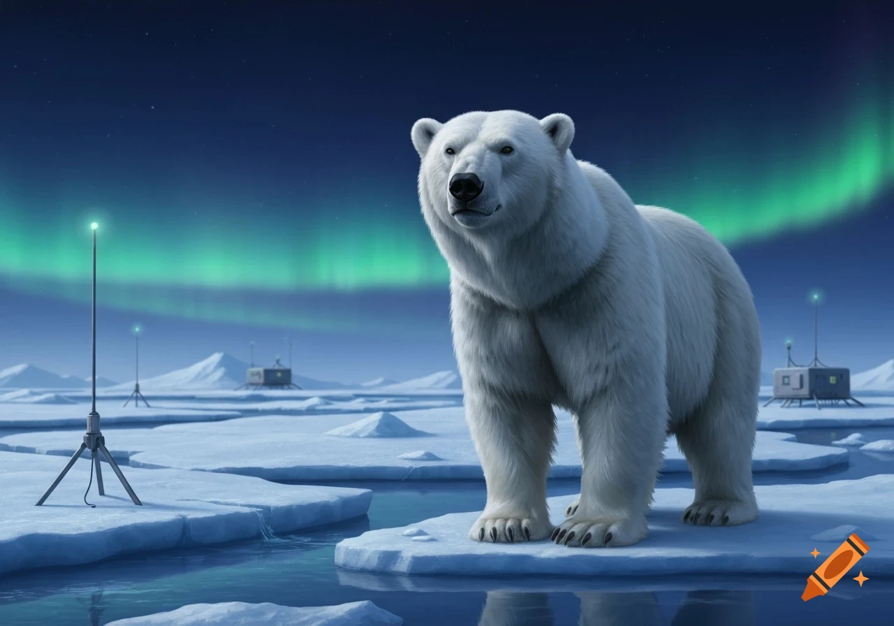 A majestic polar bear stands on an ice floe under a vibrant aurora borealis in a cold arctic landscape with research stations.