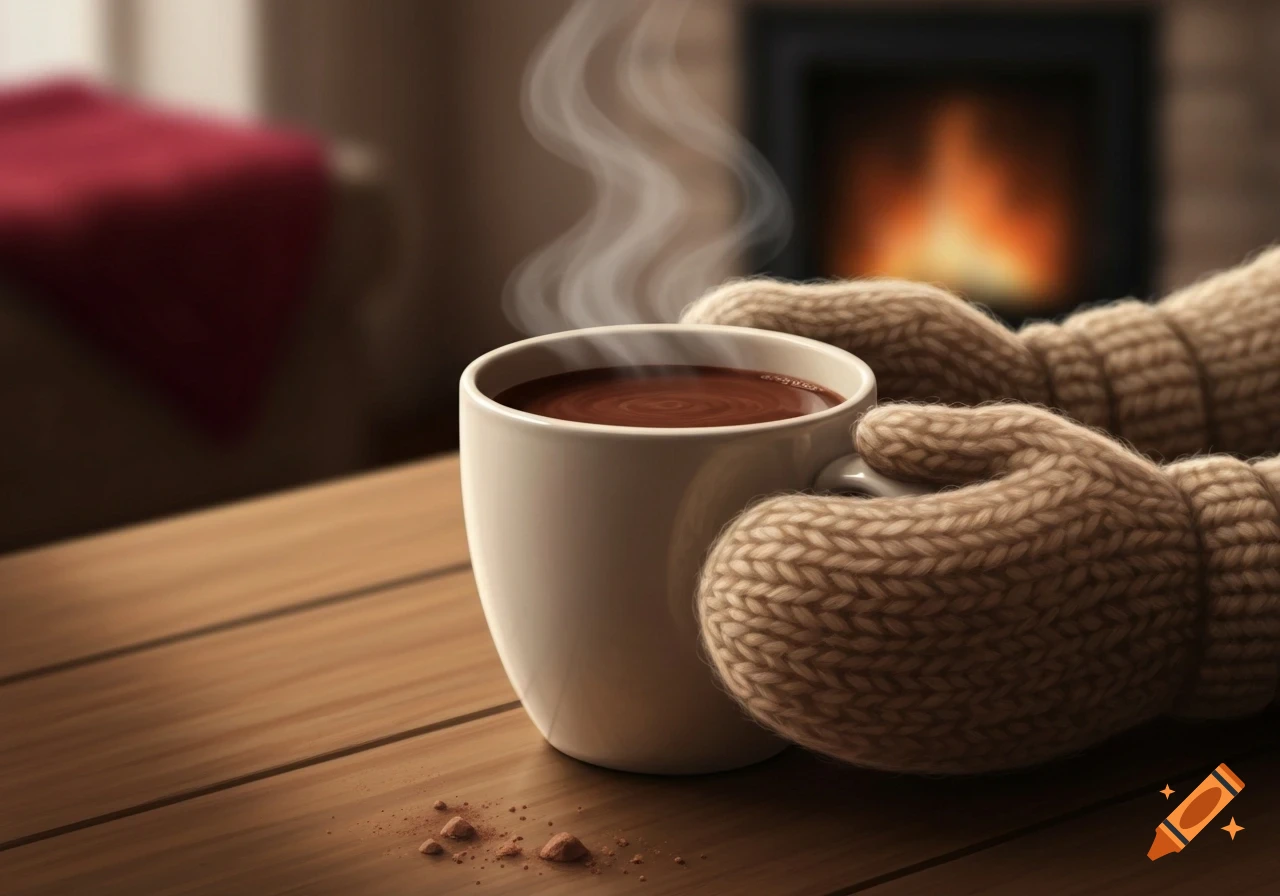 Hands in knitted mittens hold a steaming mug of hot cocoa on a wooden table, with a cozy fireplace in the background, painted style.