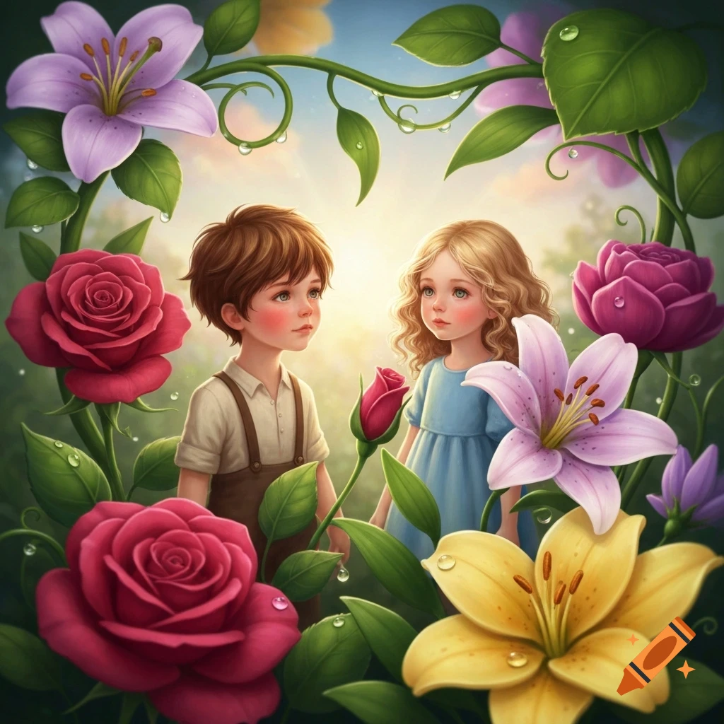 A whimsical illustration of a boy and a girl standing amidst a vibrant garden of roses, lilies, and green vines with dewdrops.