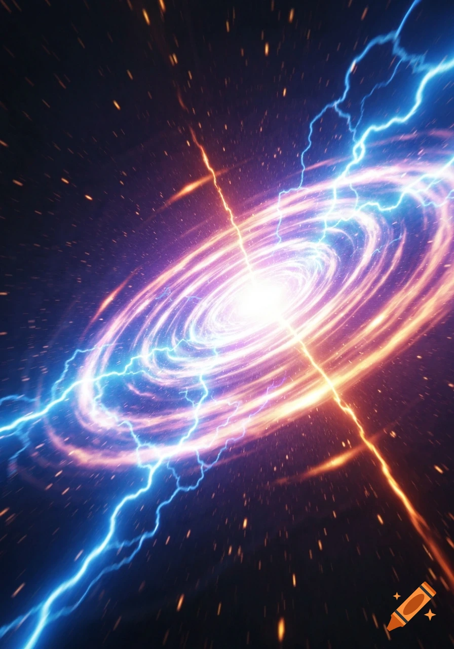A vibrant, abstract spiral galaxy-like structure glows with purple and orange energy, surrounded by bright blue lightning bolts against a dark, star-filled space.