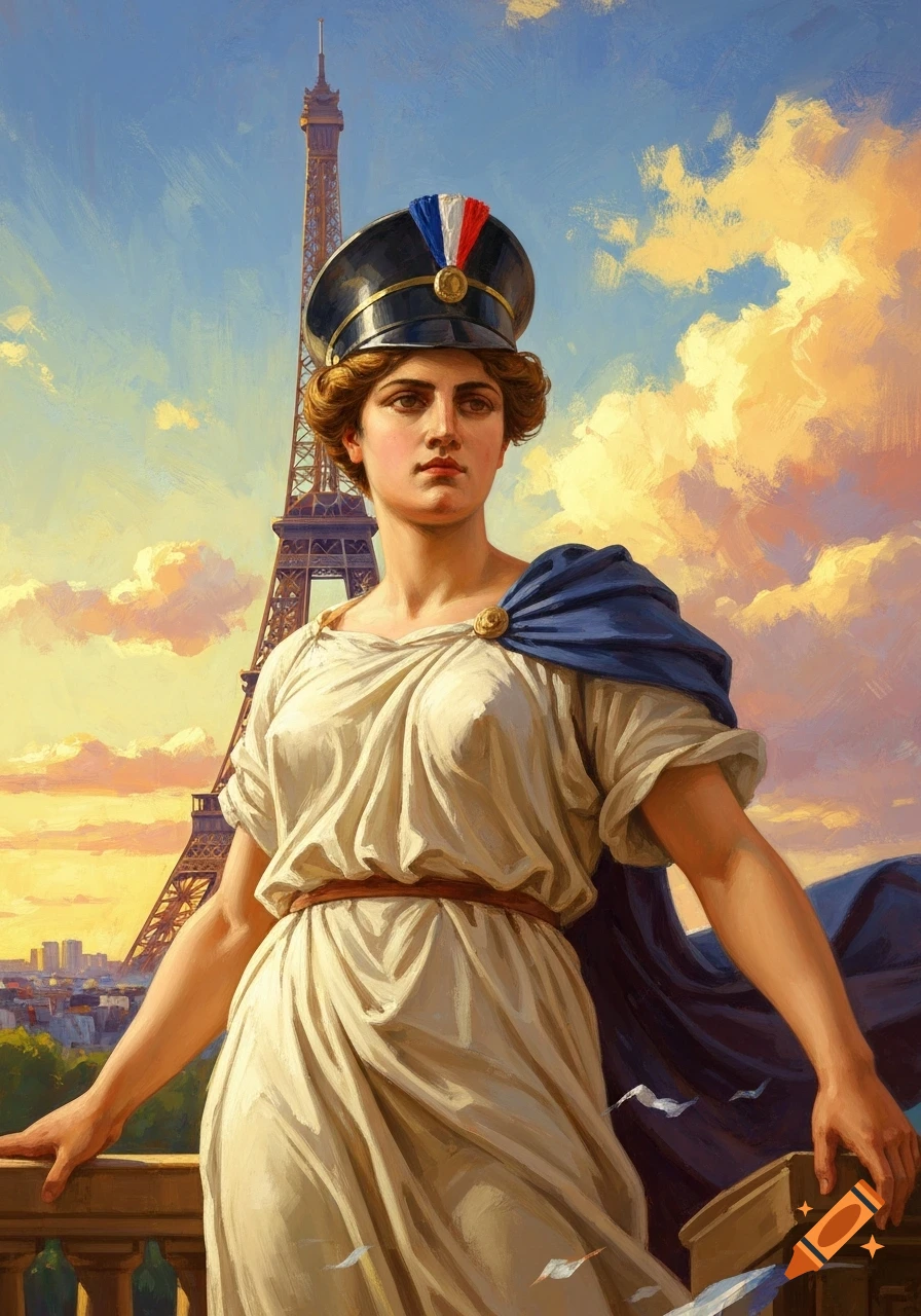 Classical painting of Marianne, personifying France, standing with the Eiffel Tower in the background under a dramatic sky.