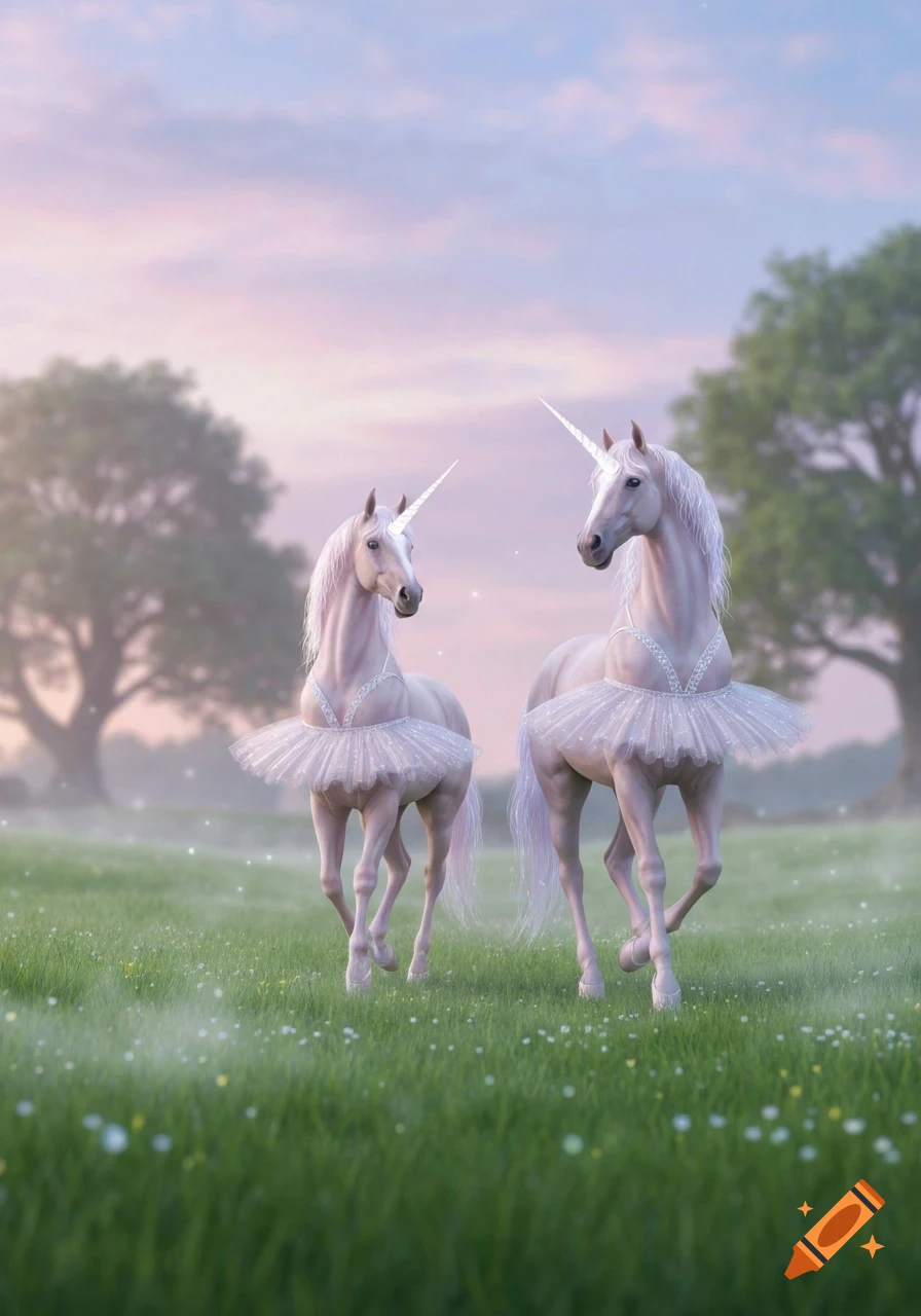 Two elegant unicorns in white ballet tutus stand in a misty, grassy meadow with trees under a pastel pink and blue sky.