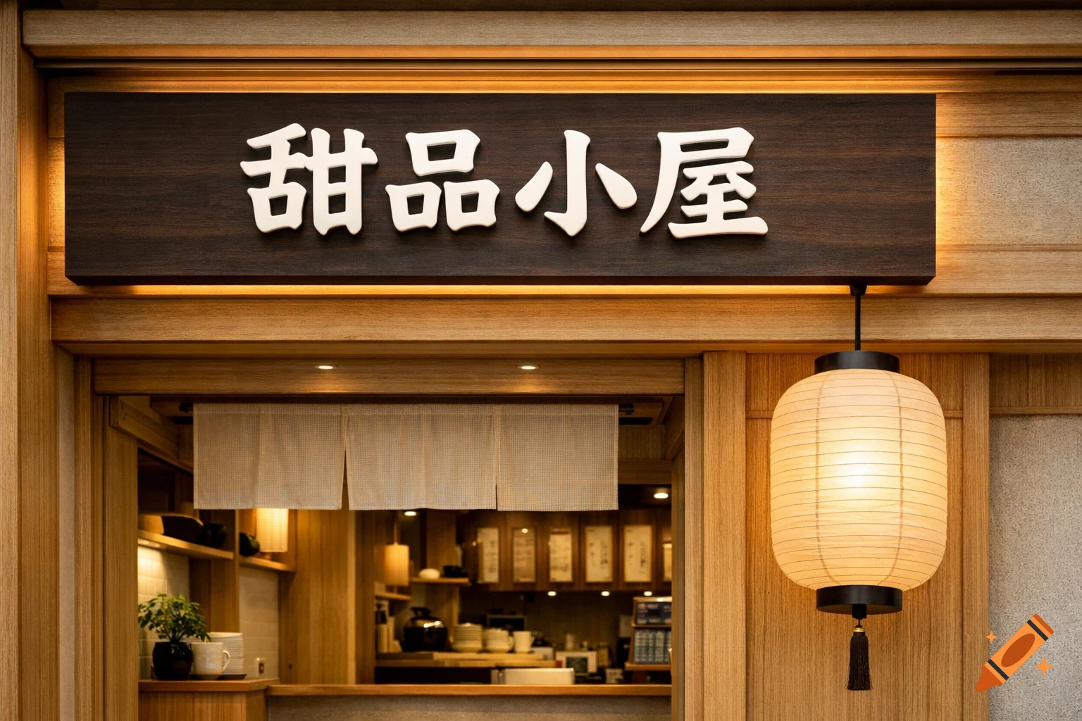 Modern Chinese dessert shop entrance with a dark wooden signboard, white 3D letters, a paper lantern, and warm lighting.