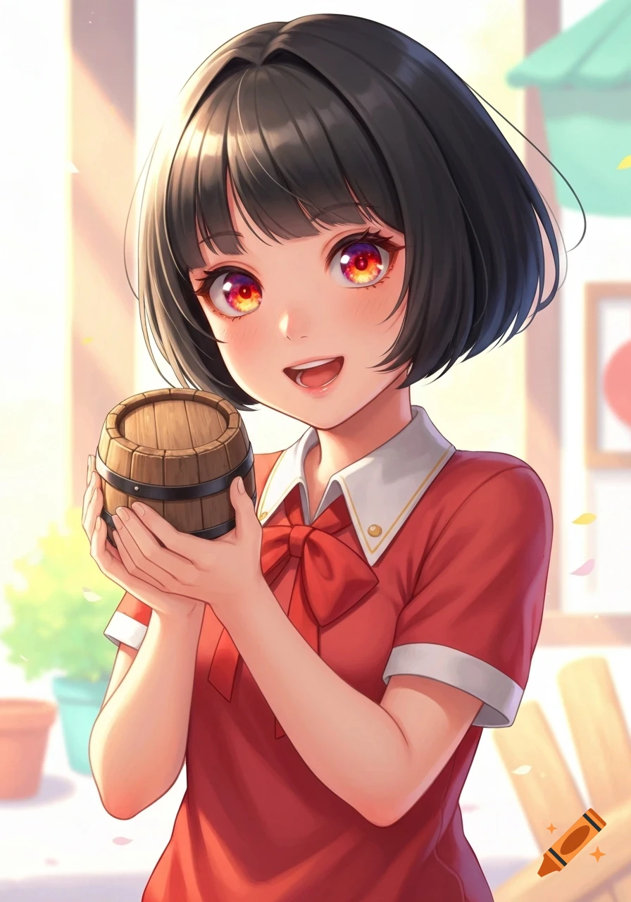 Anime girl with short black hair and vibrant red and orange eyes smiles while holding a small wooden barrel.