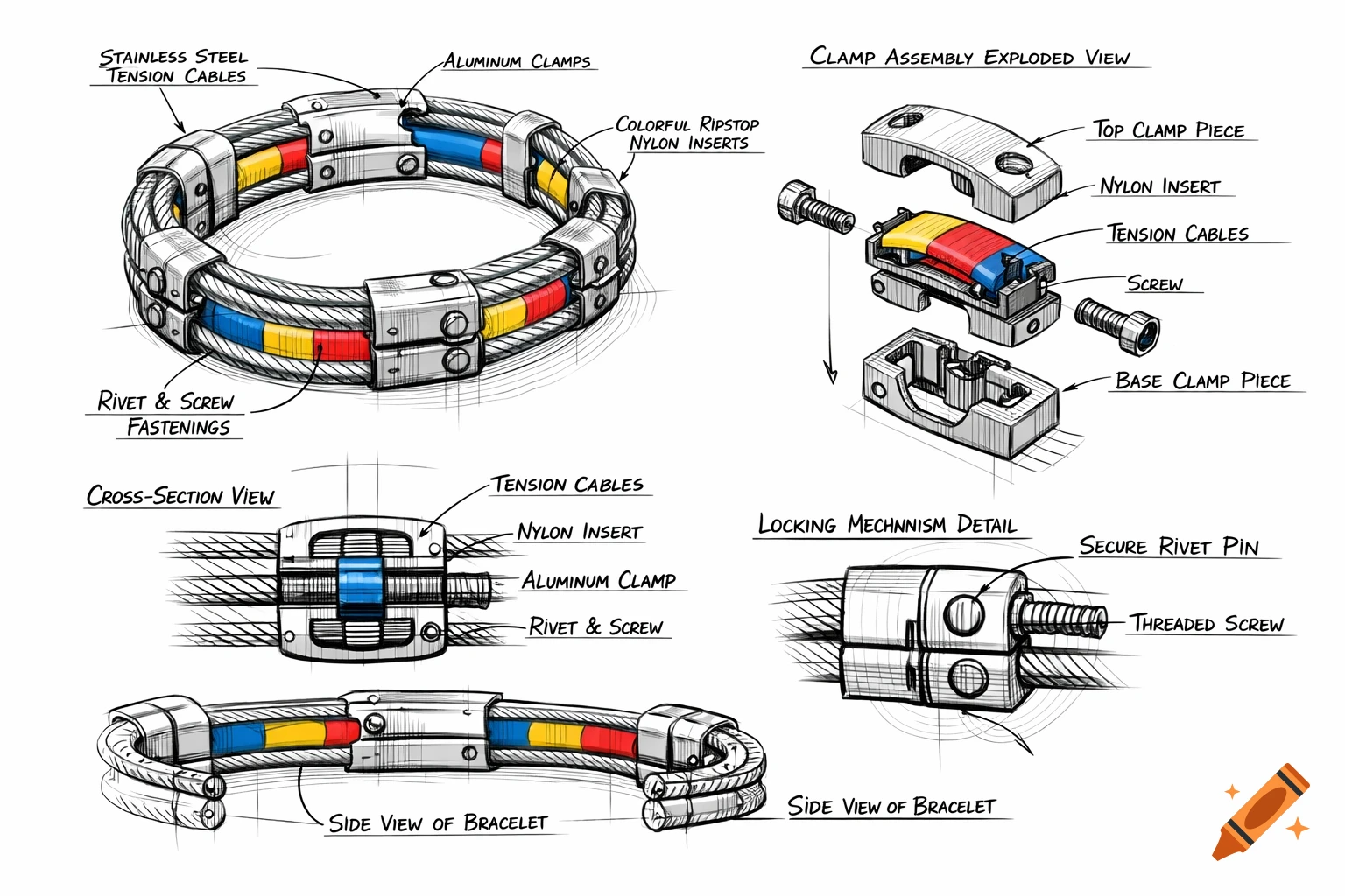 Technical design sketches illustrating a contemporary bracelet with stainless steel cables, aluminum clamps, and colorful nylon inserts, including exploded and cross-section views.