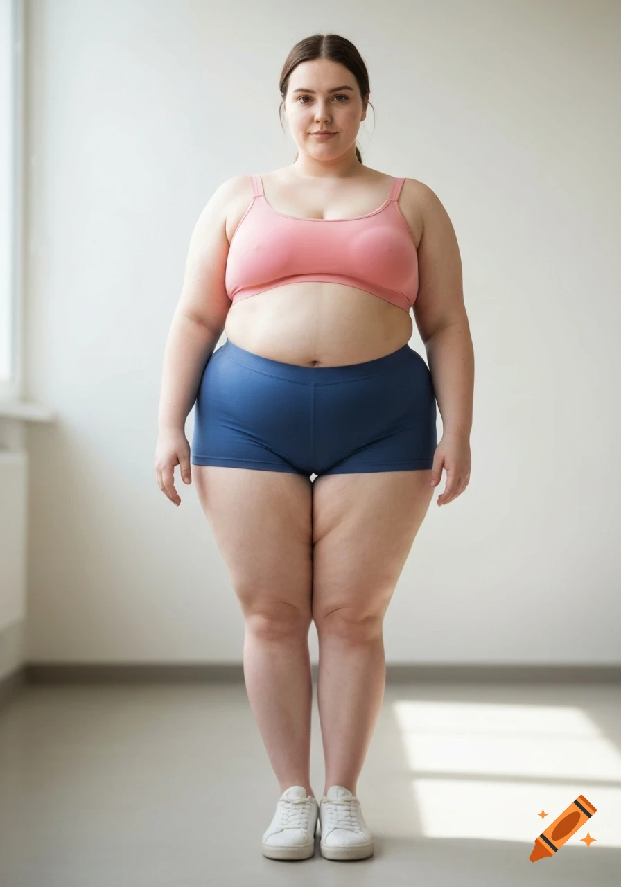 A young, overweight woman in a pink sports bra and blue shorts stands looking at the camera.