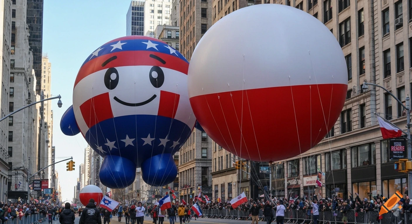Large cartoon-like USA flag and red and white balloons float above a city street during a parade, with crowds and tall buildings in the background.