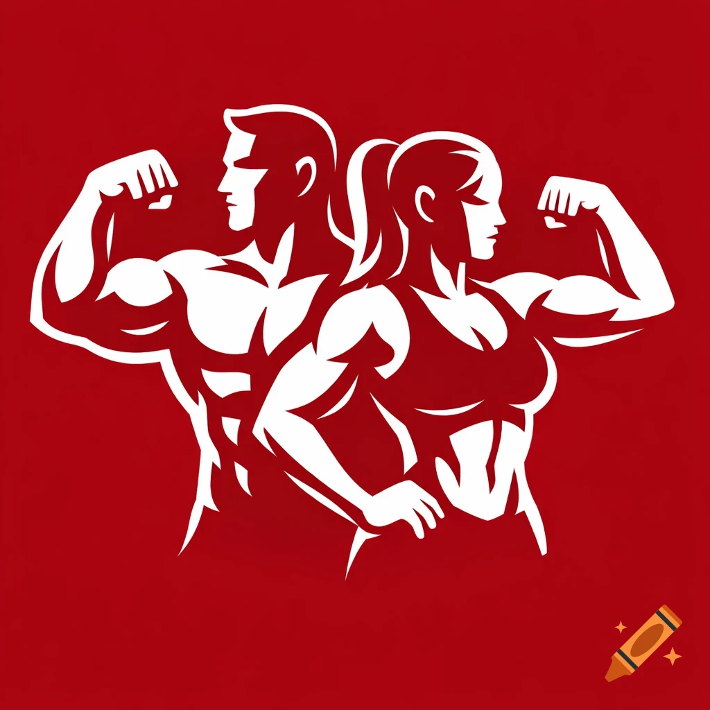 Stylized logo of a muscular man and woman flexing their biceps on a red background.