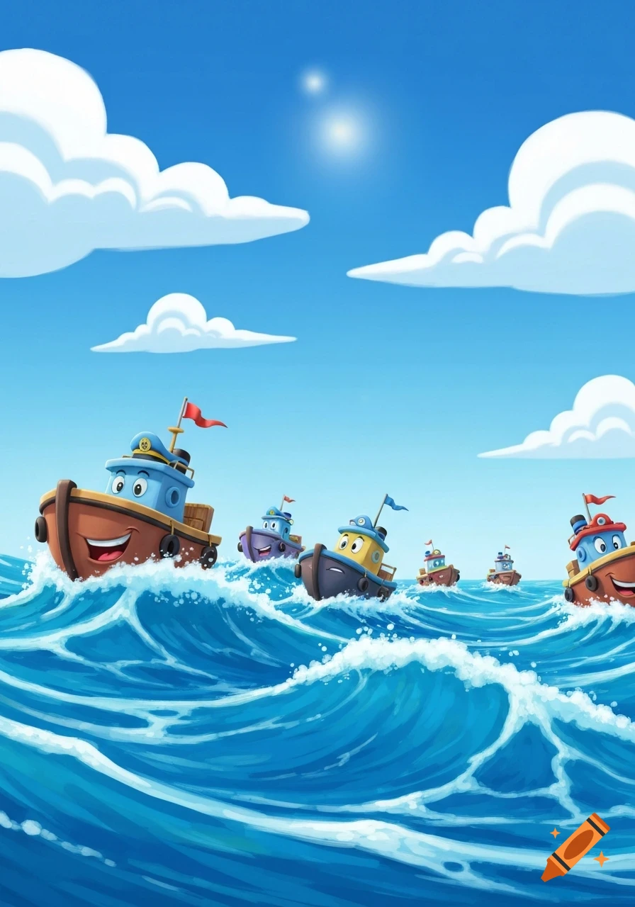 Animated cartoon boats with happy faces sailing on a wavy blue ocean under a bright blue sky with white clouds.