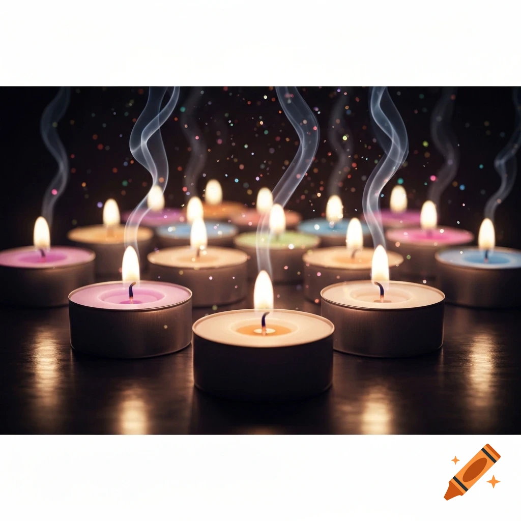 A cluster of colorful lit tea light candles with smoke trails and scattered glitter against a dark background, reflecting on a polished surface.