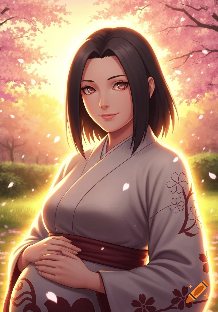 A pregnant anime woman with dark hair, wearing a white kimono with floral patterns, gently holding her belly in a cherry blossom garden.