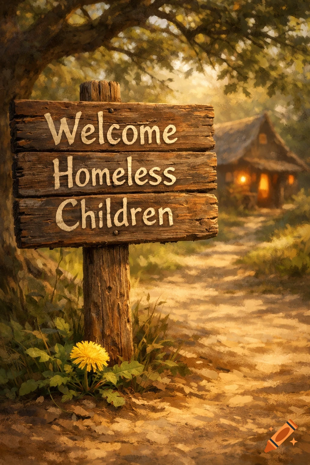 A rustic wooden sign in a sunlit forest reads 'Welcome Homeless Children', pointing down a path to a cozy cabin.