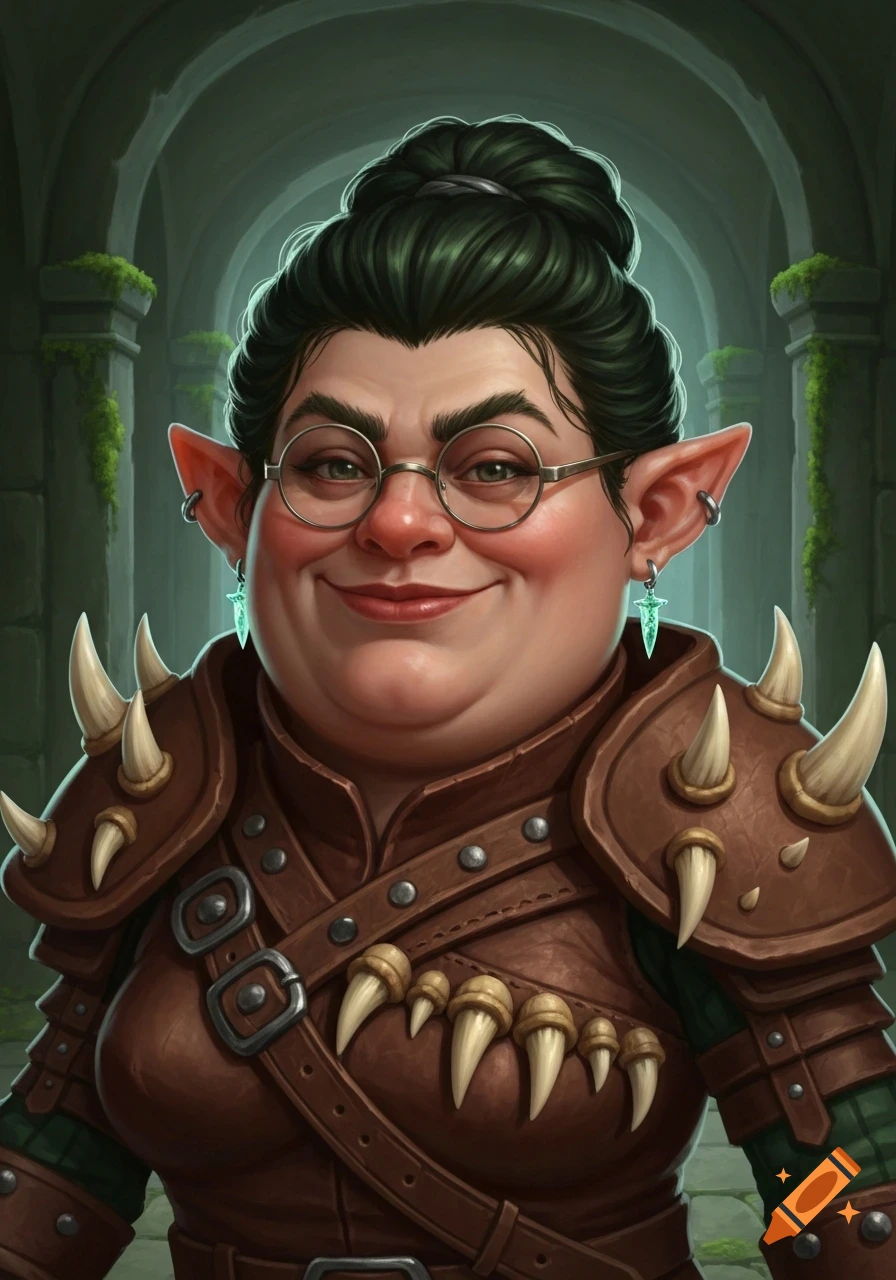 A smiling, plump female rock gnome with dark green hair, round glasses, and pointed ears, wearing spiked leather armor, stands in a stone archway.