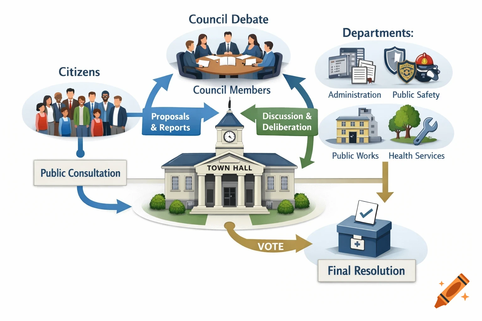 Infographic showing a town hall at the center of a community decision-making process involving citizens, council, departments, and voting.