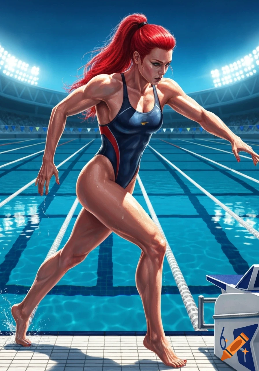 A muscular female swimmer with red hair in a dark blue and red one-piece swimsuit stands by a starting block at a brightly lit indoor swimming stadium, water dripping from her body.