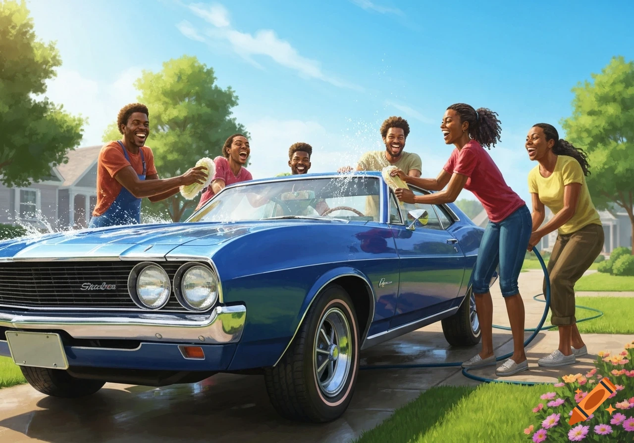 A group of smiling Black friends happily washing a blue classic car in a driveway on a sunny day.
