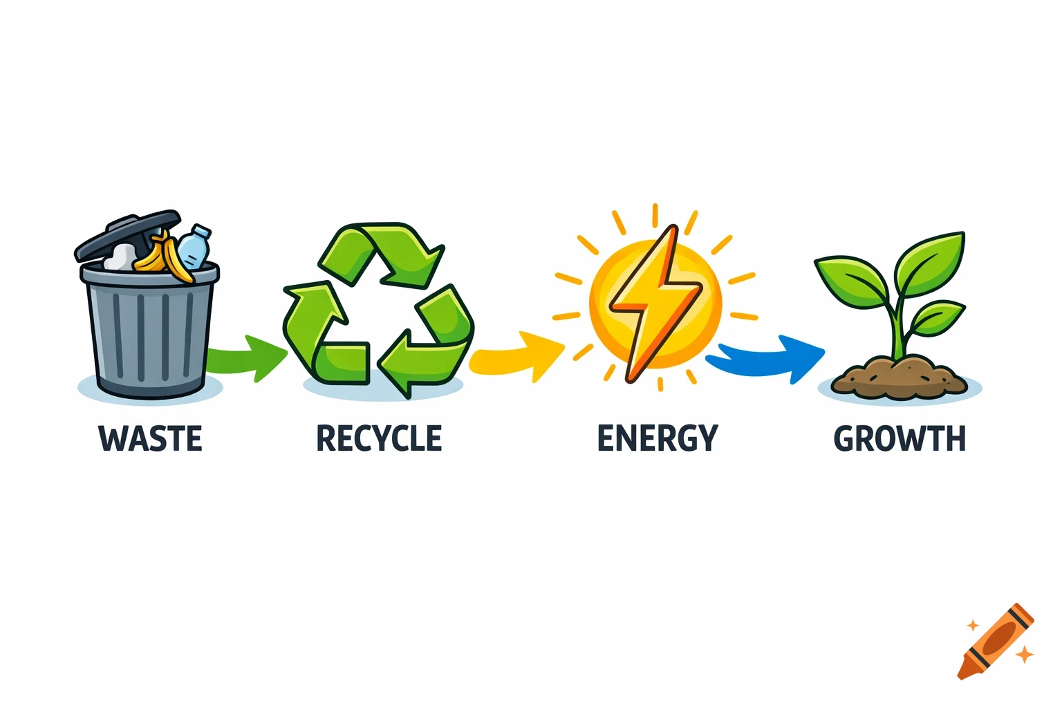 Cartoon flowchart showing waste leading to recycling, then energy, and finally a growing plant, in an infographic style.