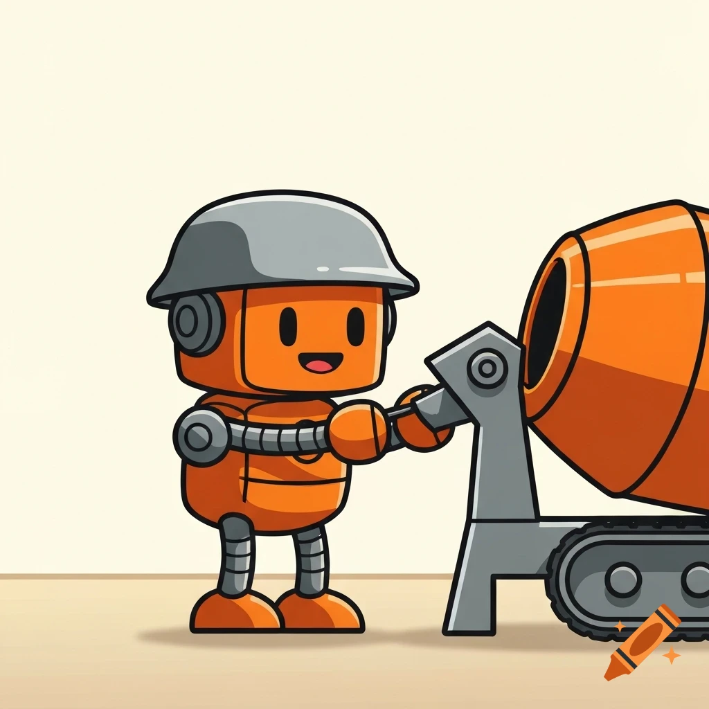 An orange cartoon robot in a gray hard hat operates a small orange cement mixer.