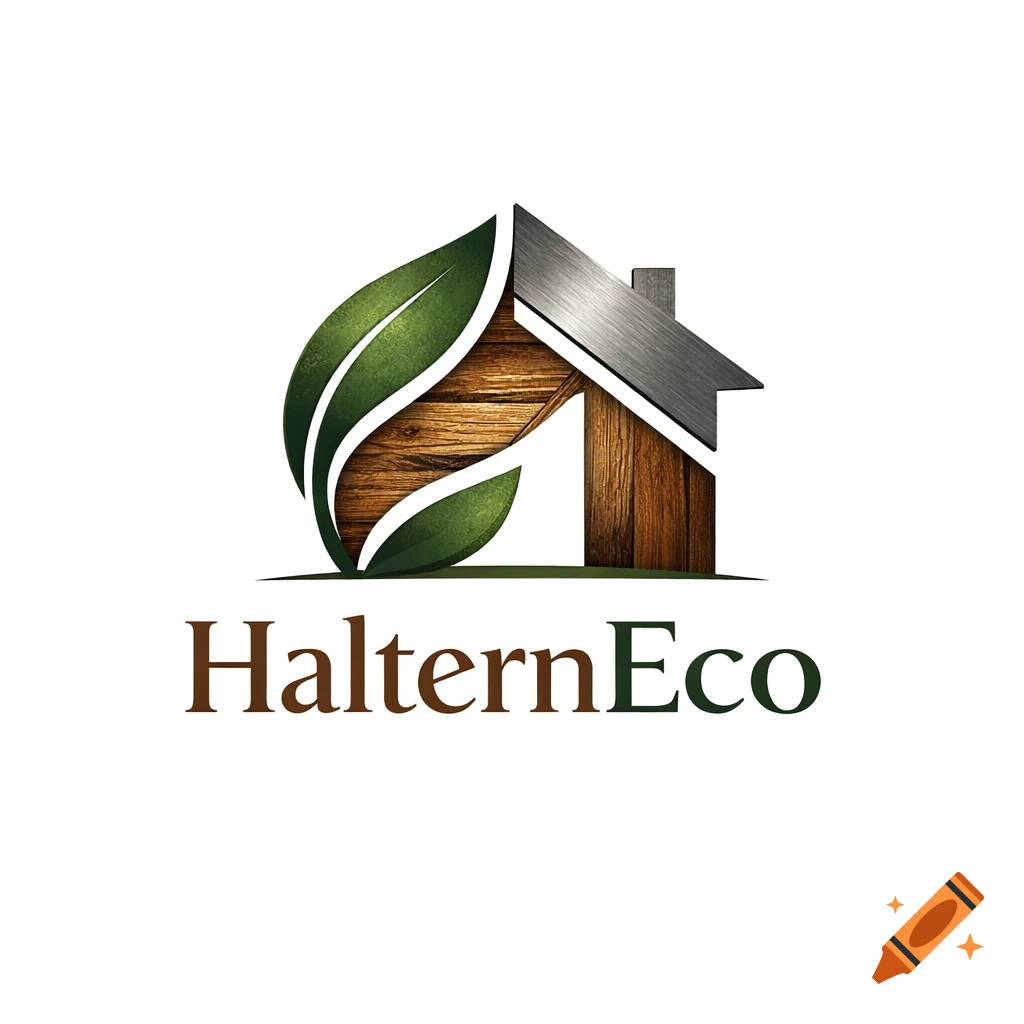 Logo for HalternEco featuring a stylized house with wood and metal elements, embraced by green leaves.