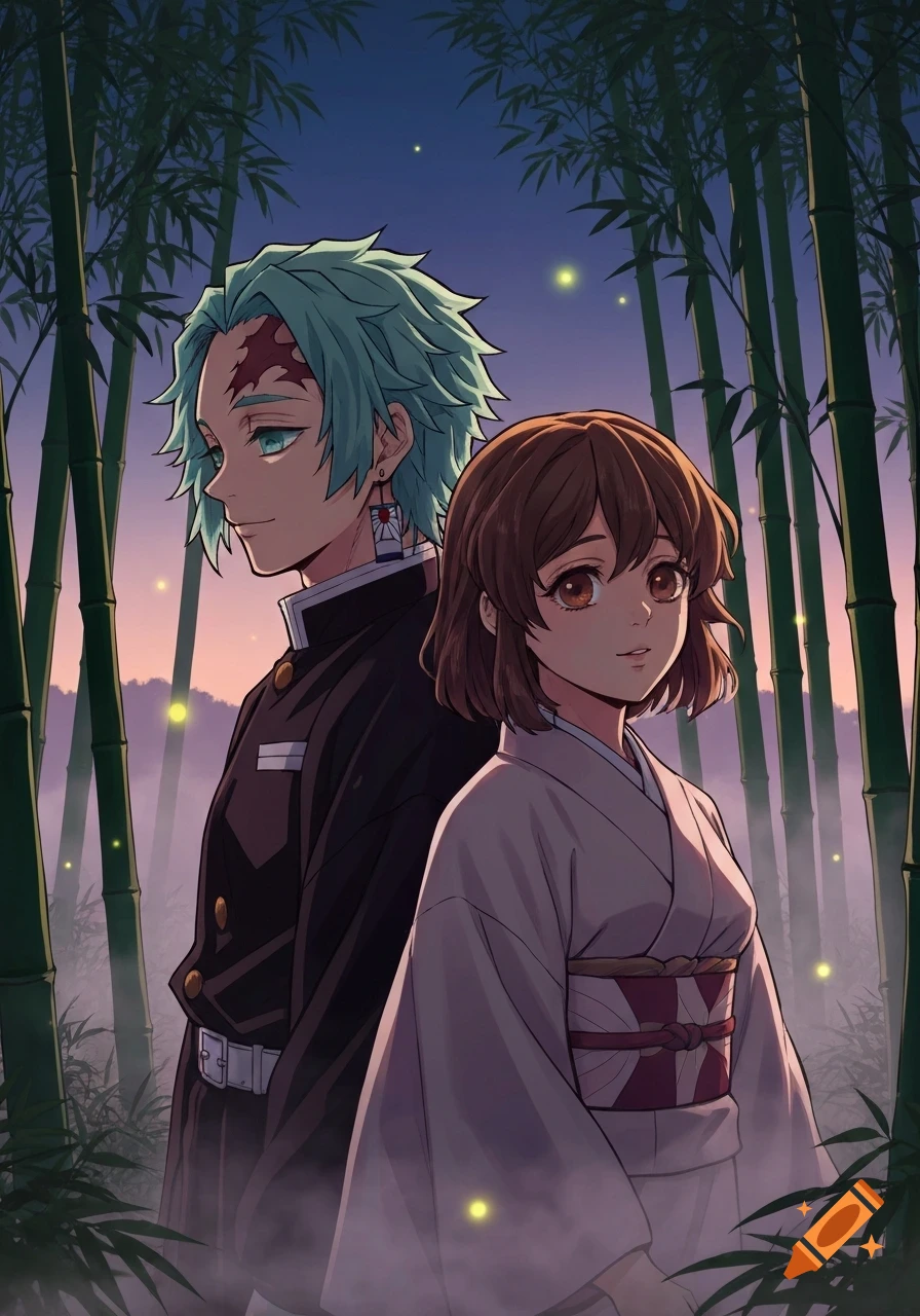Anime illustration of two characters, a male with light blue hair and a female with brown hair, standing in a bamboo forest with fireflies at dusk.
