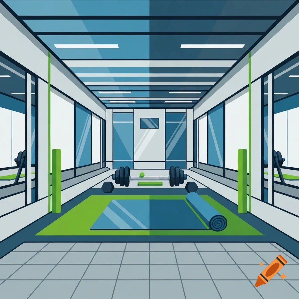 A stylized illustration of an empty fitness club with a barbell, dumbbells, and a yoga mat on a green floor.