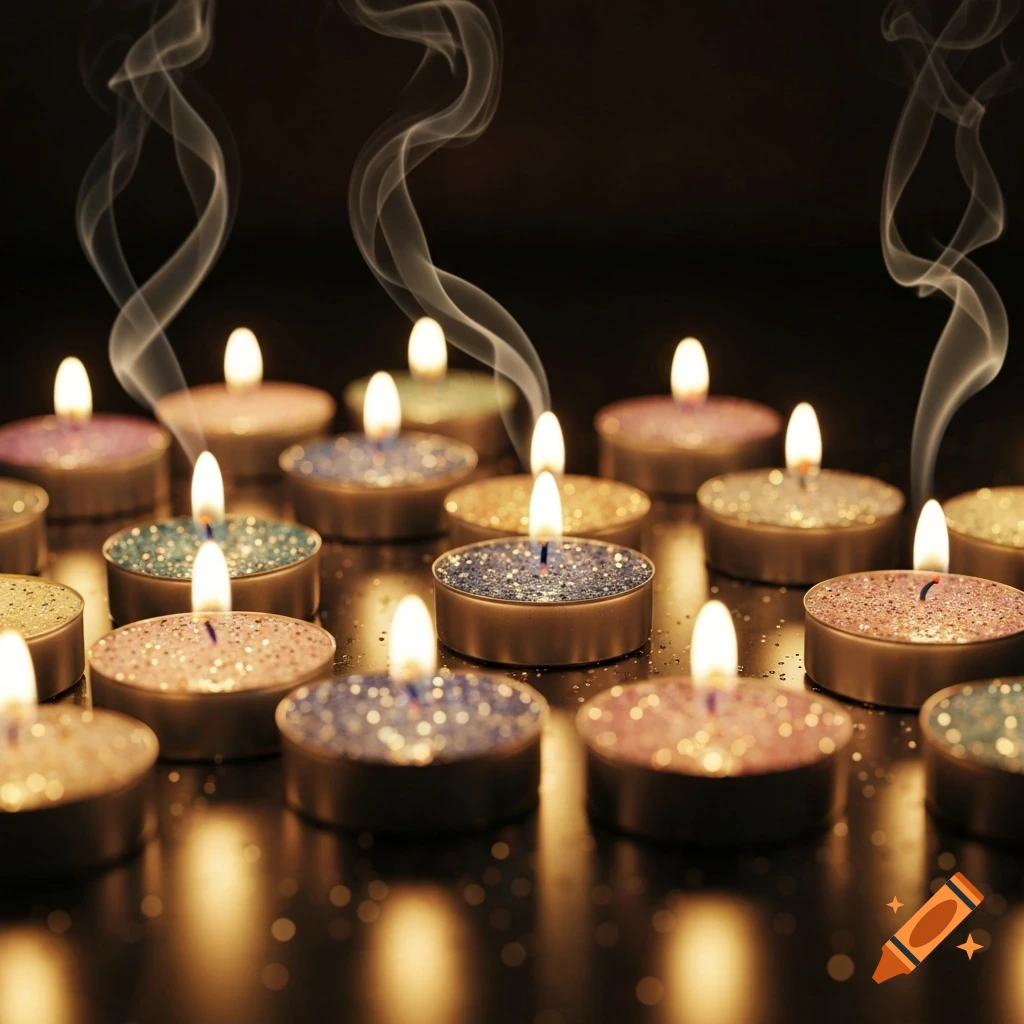 Close-up of many colorful, glittery tea lights with glowing flames and smoke curling upwards against a dark background.