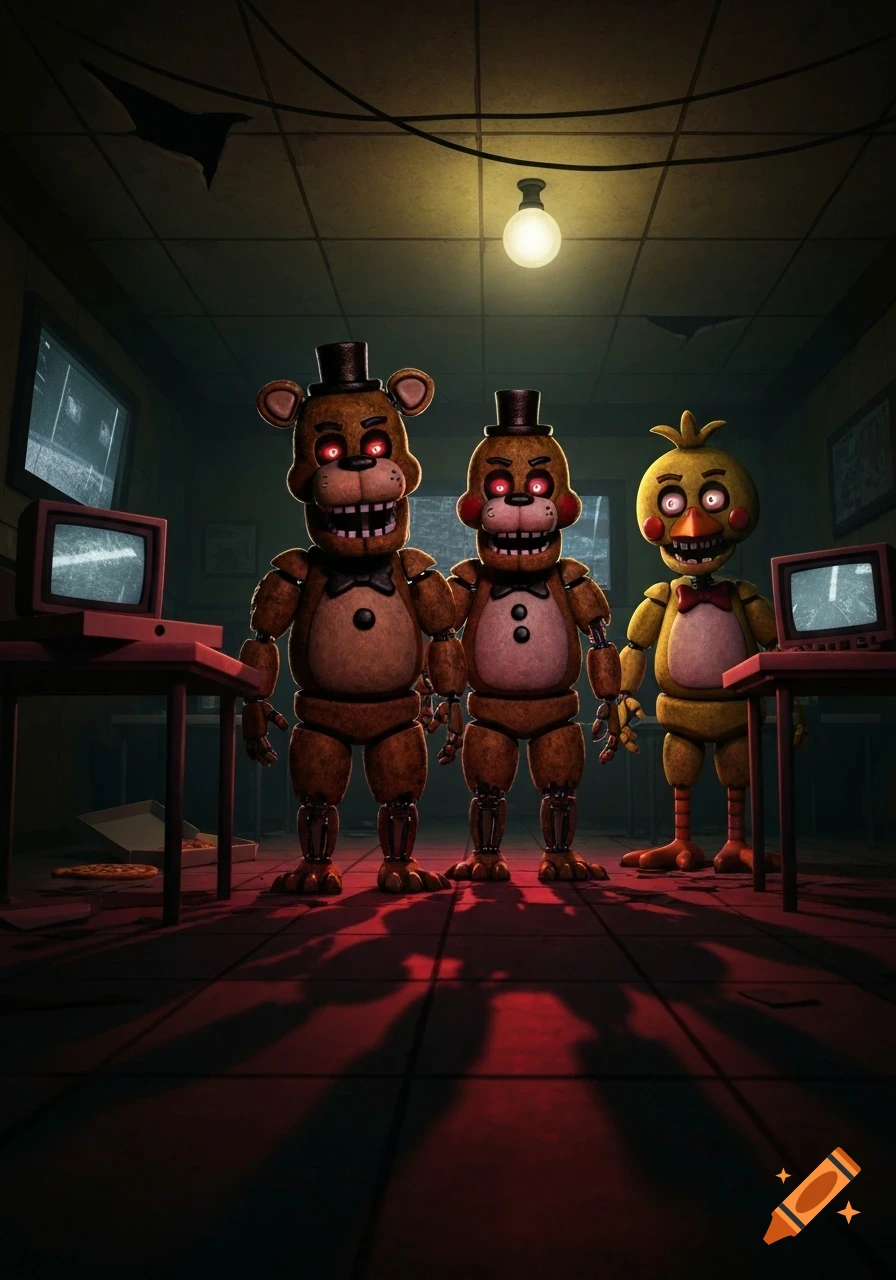Three FNAF animatronics with glowing red eyes stand in a dark, grimy room with old monitors, in a horror game style.