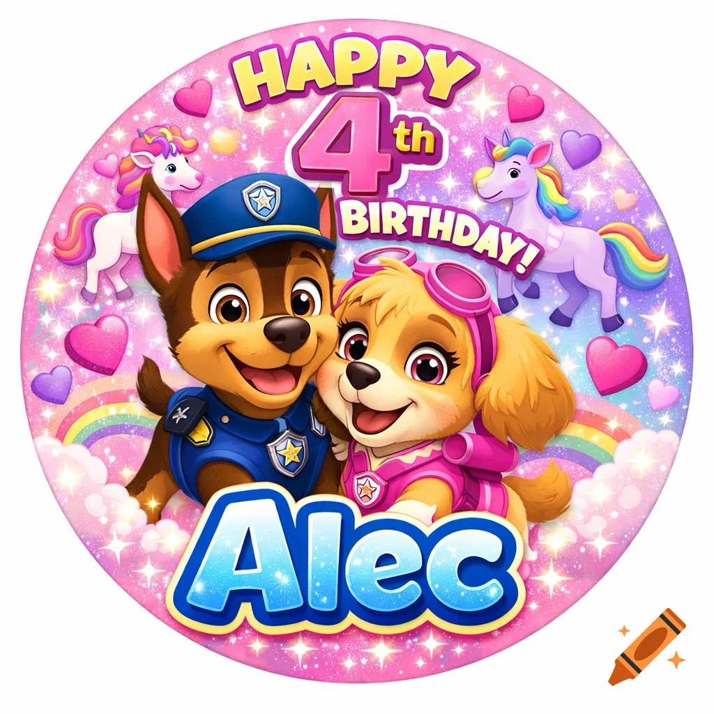 A round, glittery pink birthday badge featuring Paw Patrol's Chase and Skye with unicorns and hearts, reading 'HAPPY 4th BIRTHDAY! Alec'.